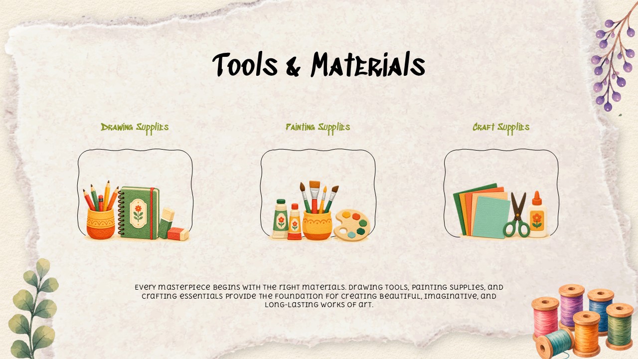 Art and Craft Template – creative process slide to walk audiences through 6 workflow steps
