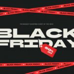 Black Friday Template - bold cover slide with hero typography, red diagonal banner tape, and 50% OFF price tag on dark background