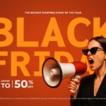 Black Friday Google Slides Template - burnt orange promotional slide with megaphone model cutout, hero typography, and 50% off offer text