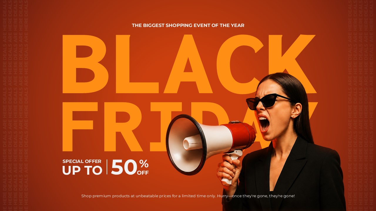 Black Friday Google Slides Template - burnt orange promotional slide with megaphone model cutout, hero typography, and 50% off offer text