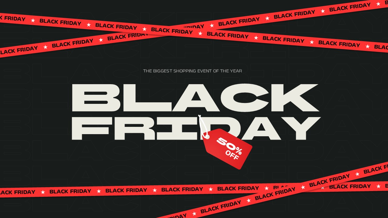 Black Friday Template - bold cover slide with hero typography, red diagonal banner tape, and 50% OFF price tag on dark background