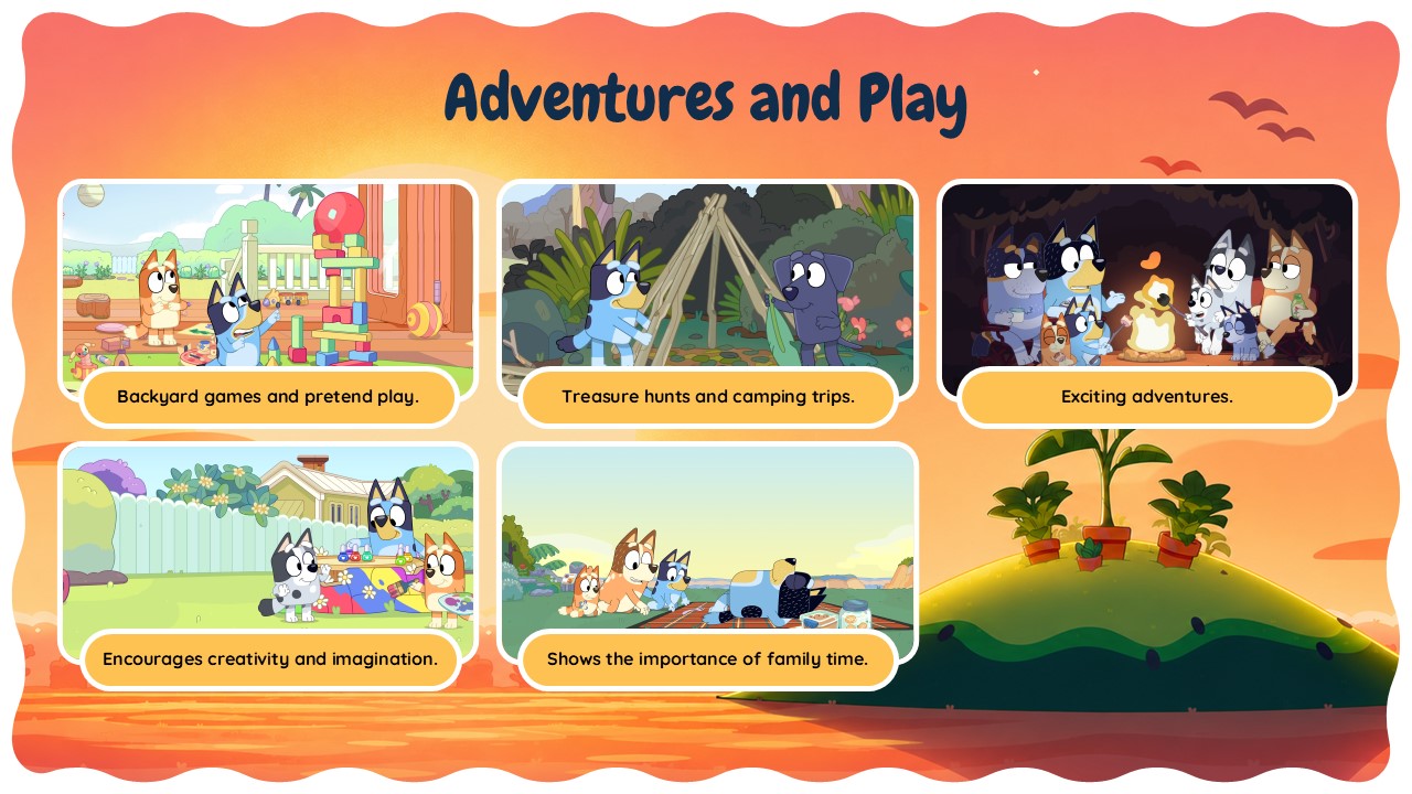 Bluey Cartoon Template - Gallery slide showcasing adventures and play themes in the show