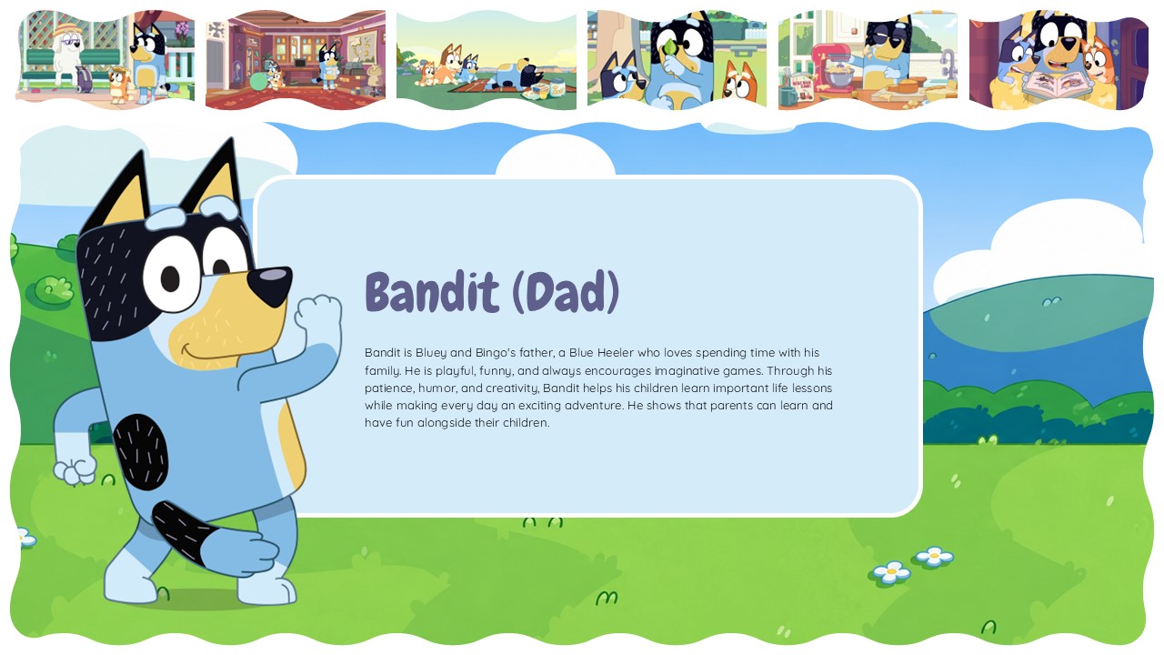 Bluey Cartoon Template - Character profile slide presenting Bandit the dad's role