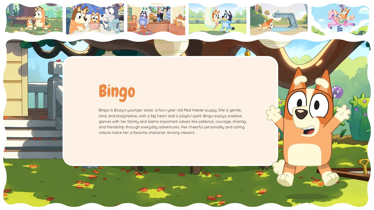Bluey Cartoon Template - Character profile slide highlighting Bingo's personality and values