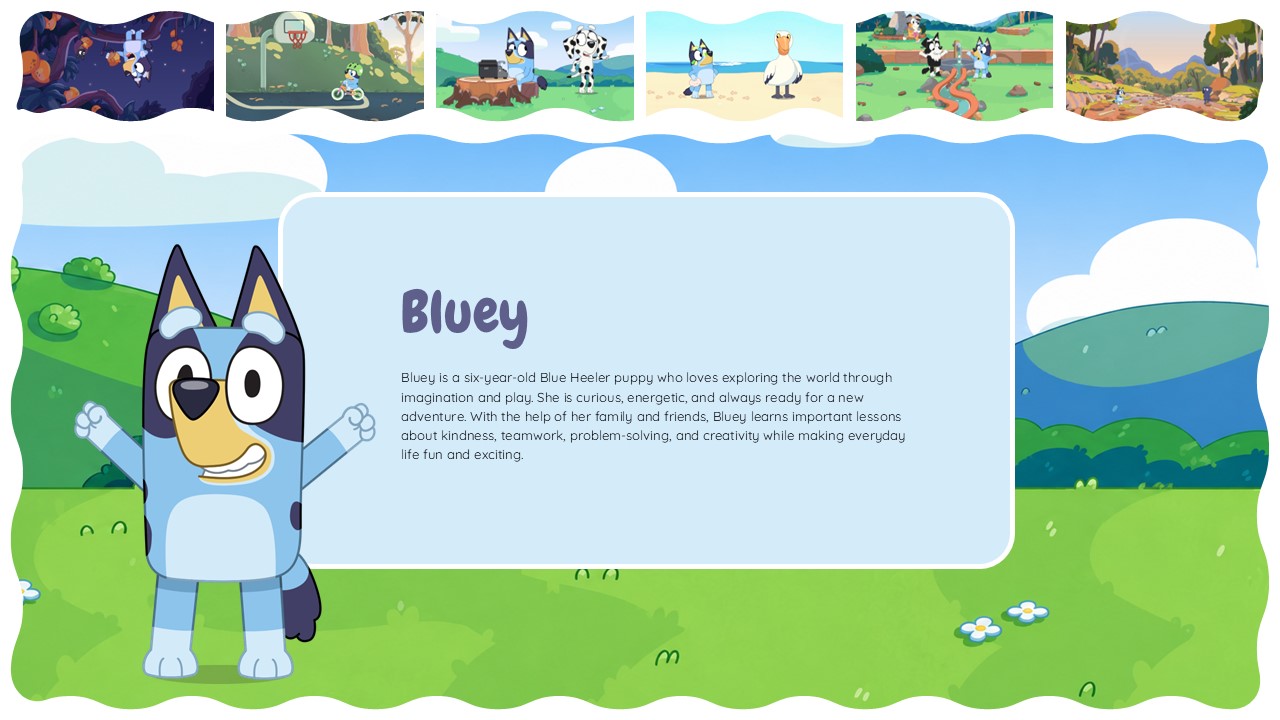 Bluey Cartoon Template - Character profile slide showcasing Bluey's traits and episodes