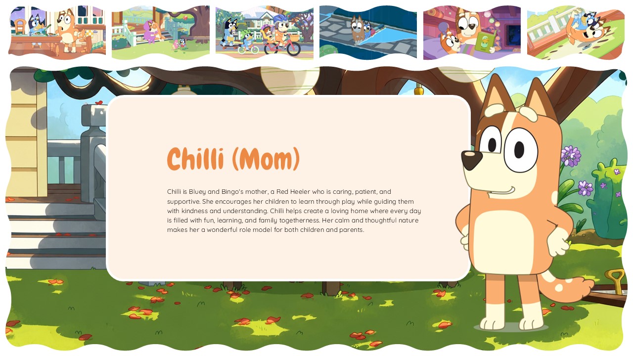 Bluey Cartoon Template - Character profile slide showcasing Chilli the mom's values
