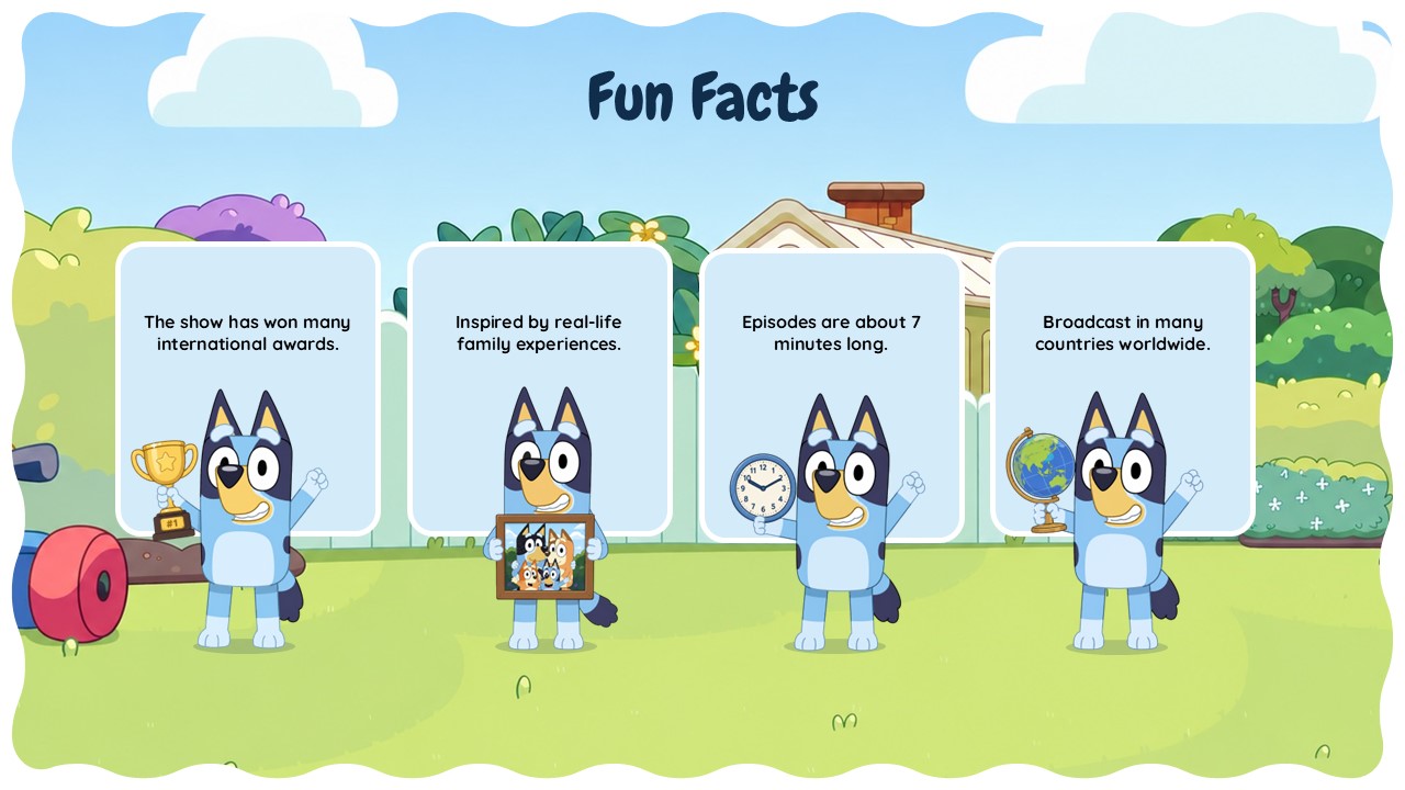 Bluey Cartoon Template - Fun facts slide with four key stats about the Bluey series
