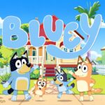 Bluey Cartoon Template - Title cover slide featuring the Heeler family and Bluey logo