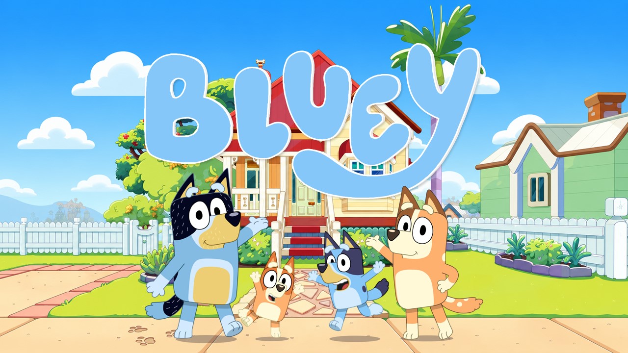 Bluey Cartoon Template - Title cover slide featuring the Heeler family and Bluey logo