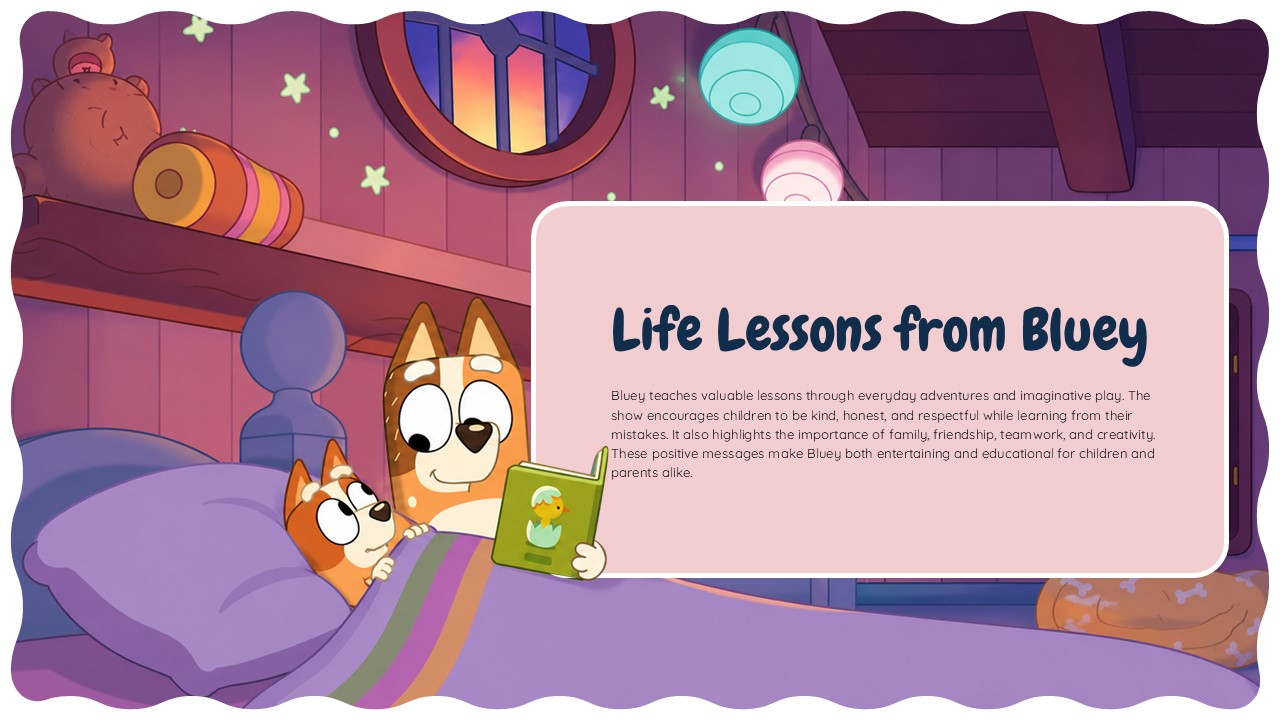 Bluey Cartoon Template - Educational values slide covering life lessons from Bluey