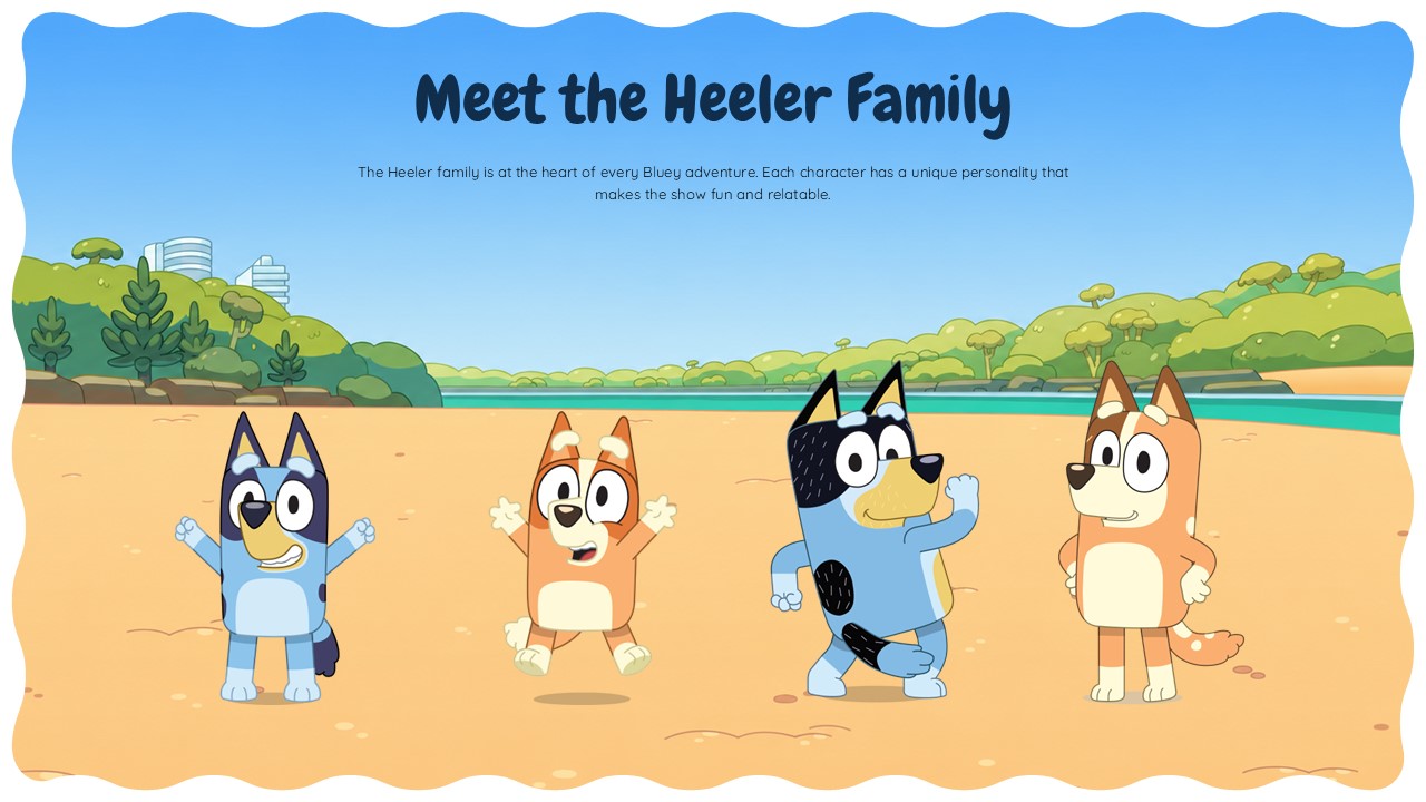 Bluey Cartoon Template - Character overview slide introducing the Heeler family