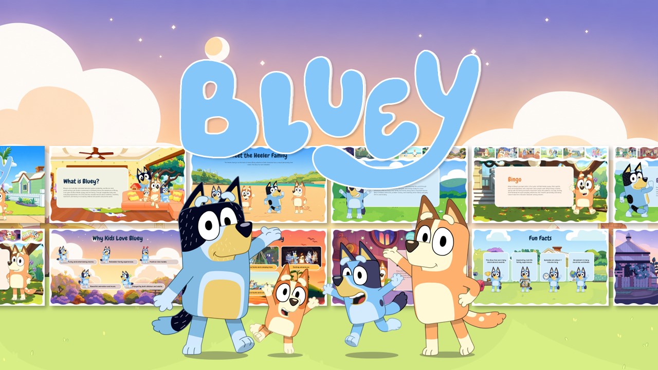 Bluey Cartoon Template - Overview slide showing all presentation slides at a glance