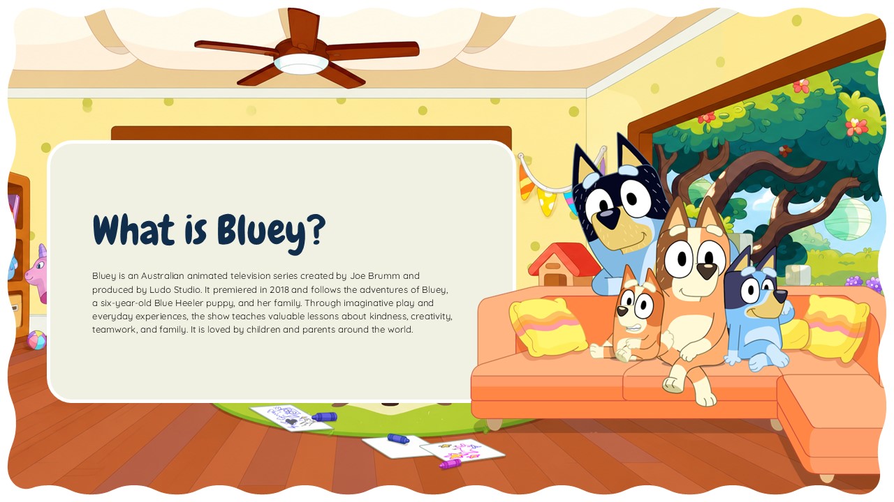 Bluey Cartoon Template - Introduction slide explaining the Bluey animated series