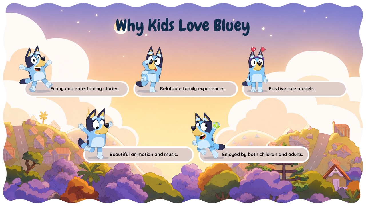 Bluey Cartoon Template - Features slide presenting five reasons kids love the show
