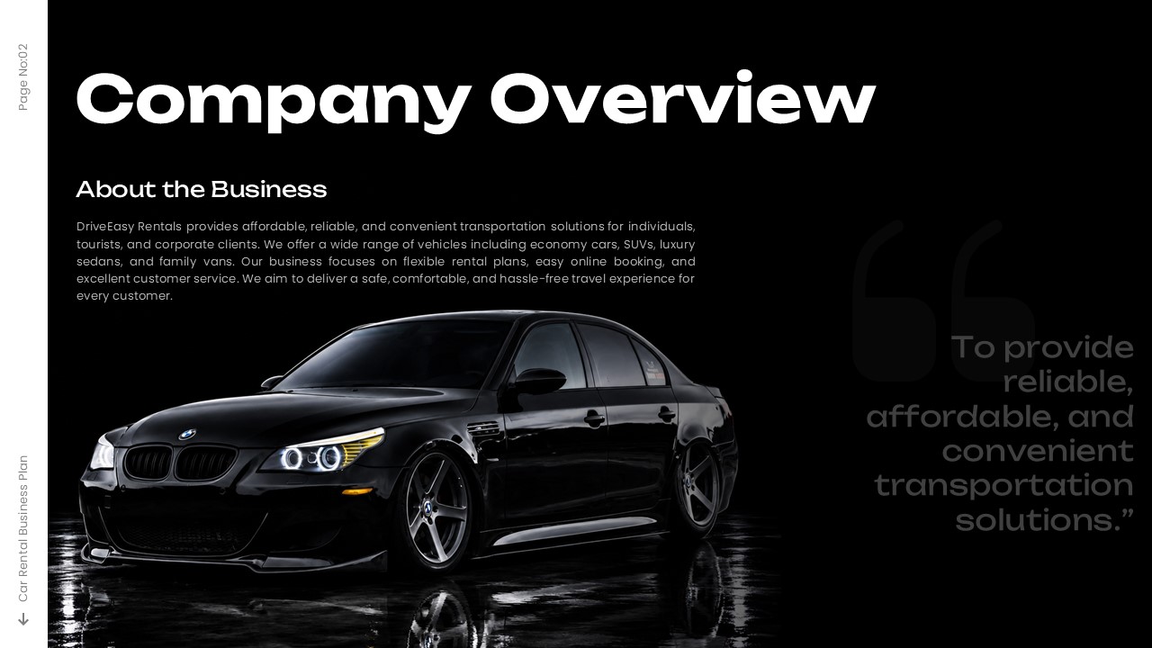 Car Rental Business Plan Company Overview - Editorial slide with black BMW M5 and mission statement quote
