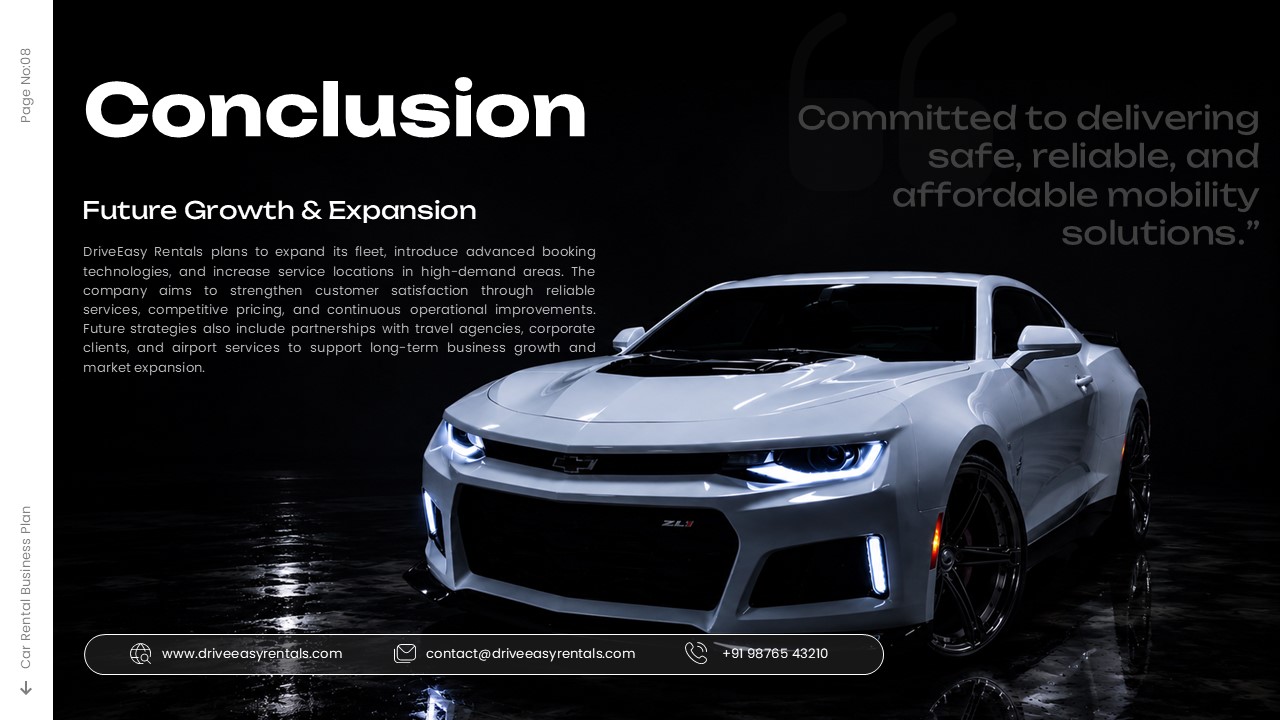 Car Rental Business Plan Conclusion - White Chevrolet Camaro slide with future growth strategy and contact details
