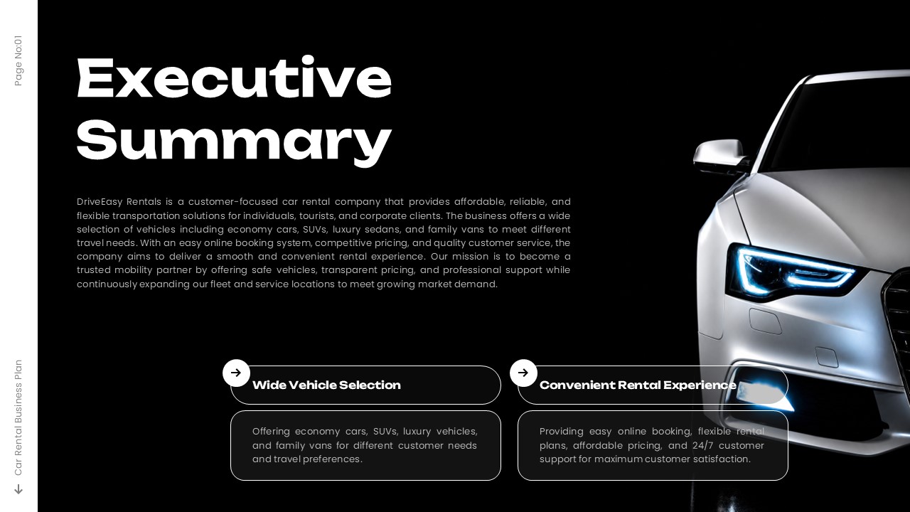 Car Rental Business Plan Executive Summary - Two-column slide with Audi image and value proposition cards