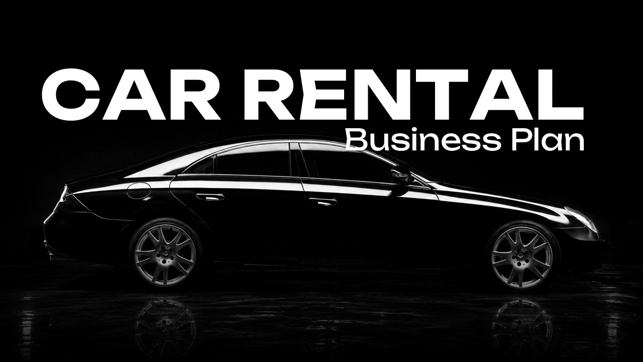 Car Rental Business Plan Template - Black cover slide with luxury Mercedes-Benz silhouette and bold white title