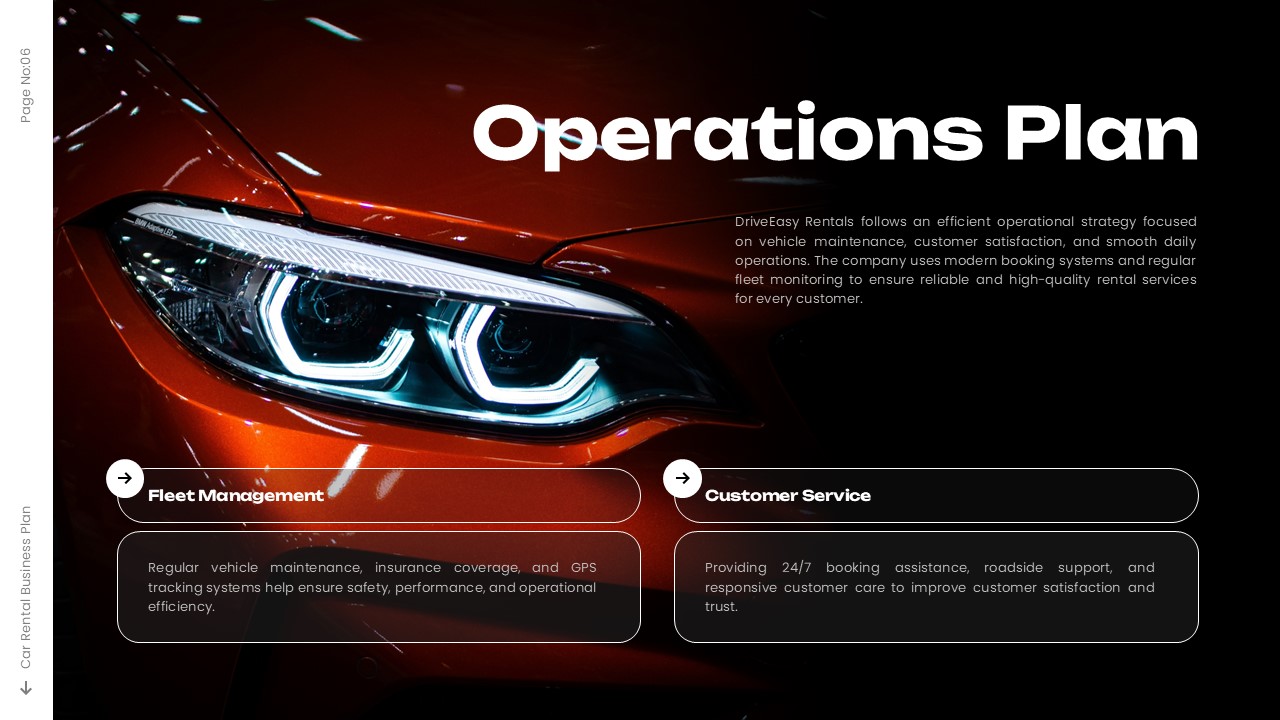 Car Rental Business Plan Operations Plan - Dramatic BMW headlight background with fleet and customer service cards