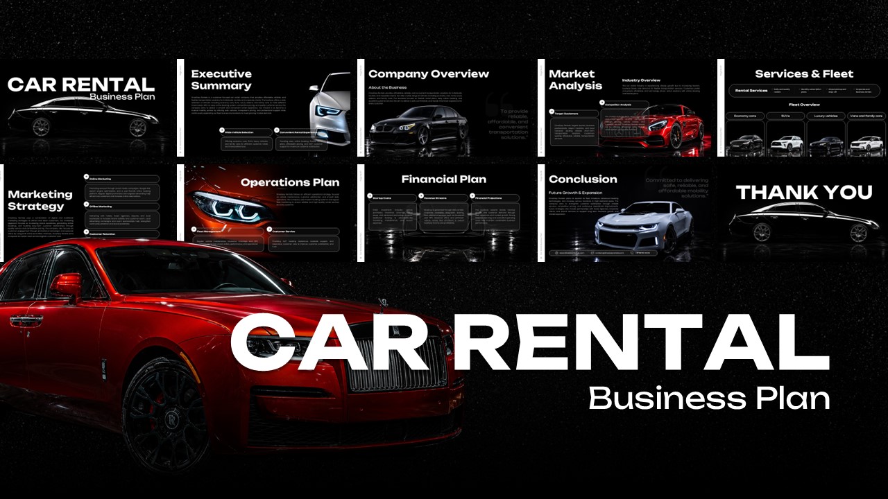 Car Rental Business Plan Template - Full preview of 11 dark luxury slides with red Rolls-Royce showcase