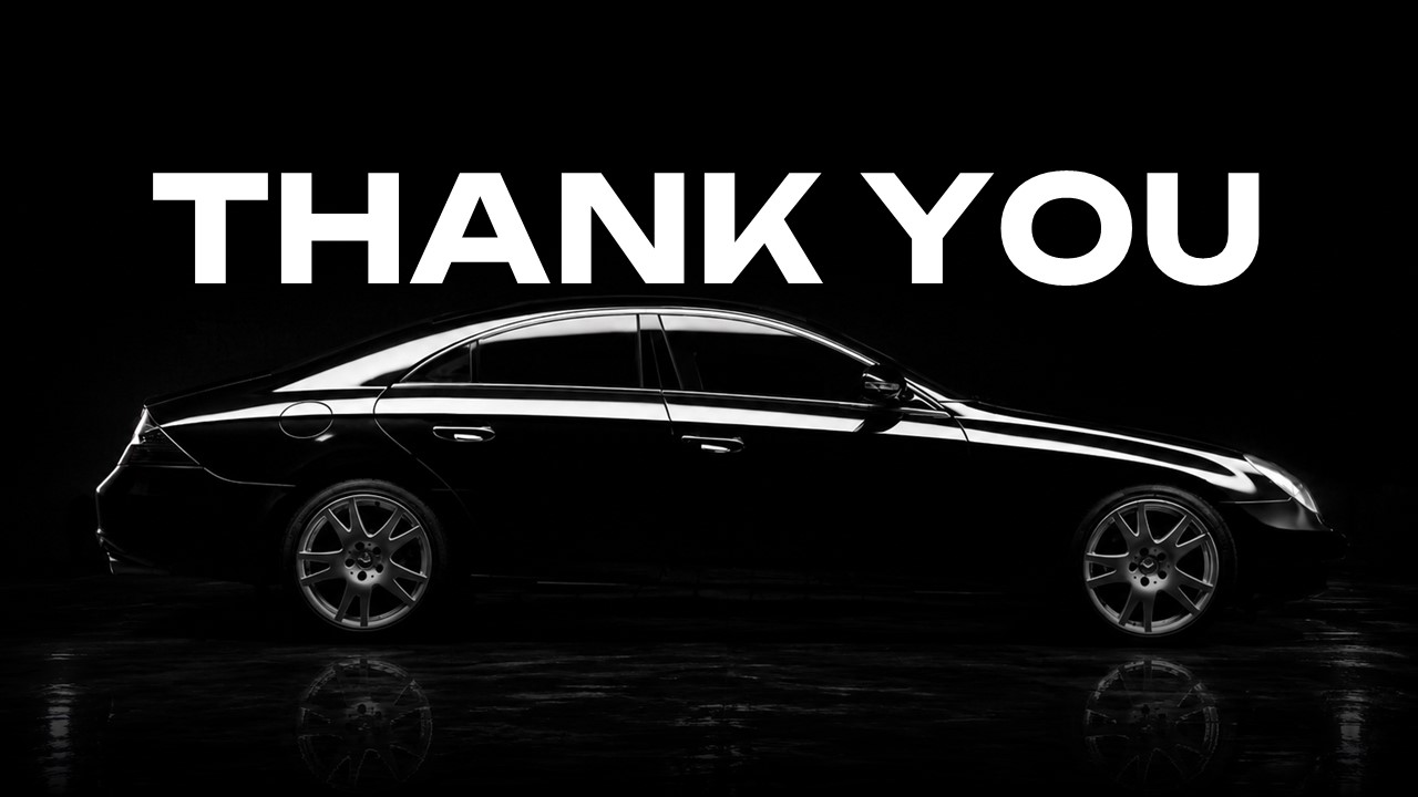 Car Rental Business Plan Thank You Slide - Bold white typography with Mercedes-Benz silhouette on black background