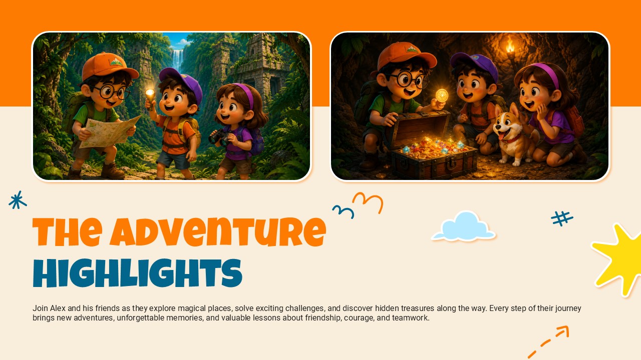 Cartoon Theme Template - Highlights slide to showcase key story moments with large imagery