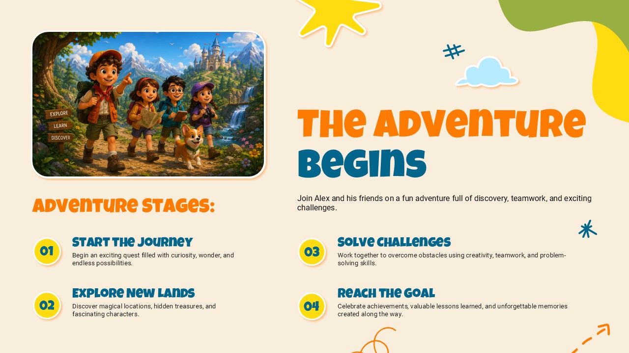 Cartoon Theme Template - Process slide to outline four sequential adventure or learning stages