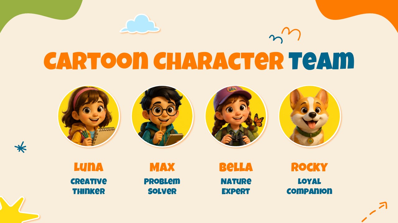 Cartoon Theme Template - Team slide to introduce multiple characters with names and roles