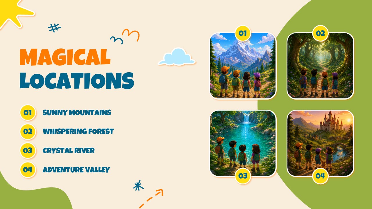 Cartoon Theme Template - Locations slide to showcase four story settings with images