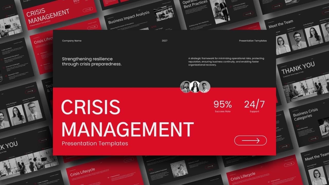 Crisis Management Template - Cover slide with team avatars and key metrics