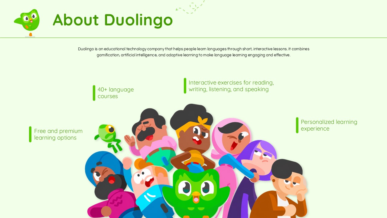 Duolingo Template - Learning flow slide to walk audiences through the app's step-by-step user journey