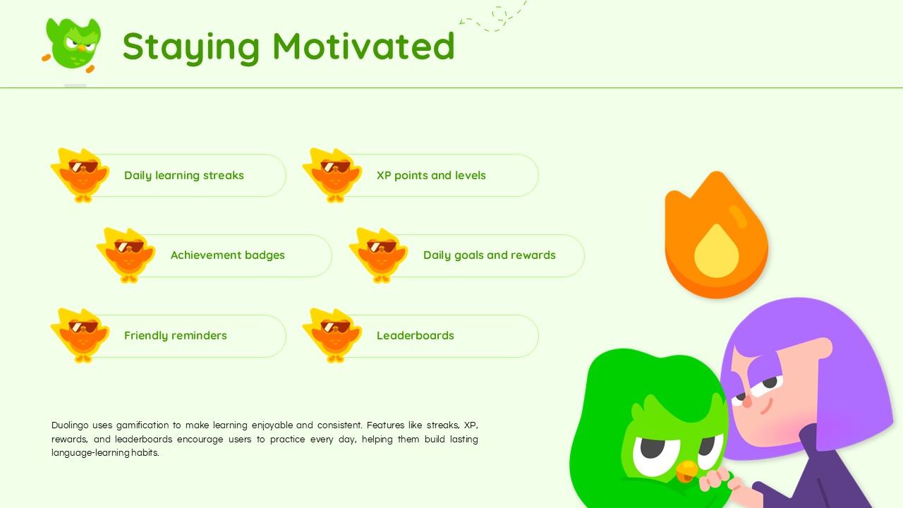 Duolingo Template - Skills slide to present the top language competencies learners develop on the platform