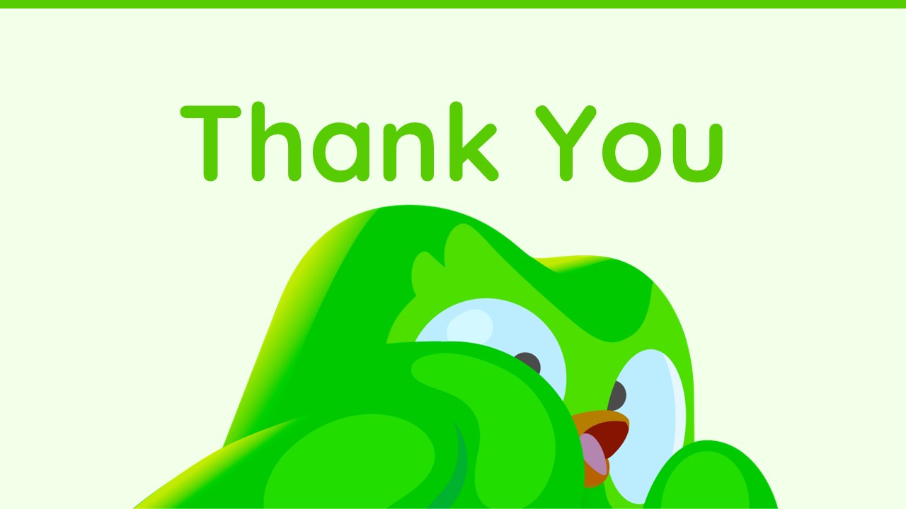 Duolingo Template - Closing slide to leave a lasting impression with Duo owl and a clean branded finish