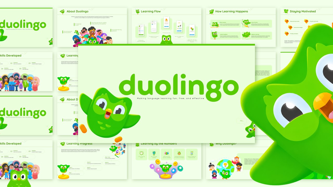 Duolingo Template - Cover slide to open your language learning or edtech presentation with brand impact