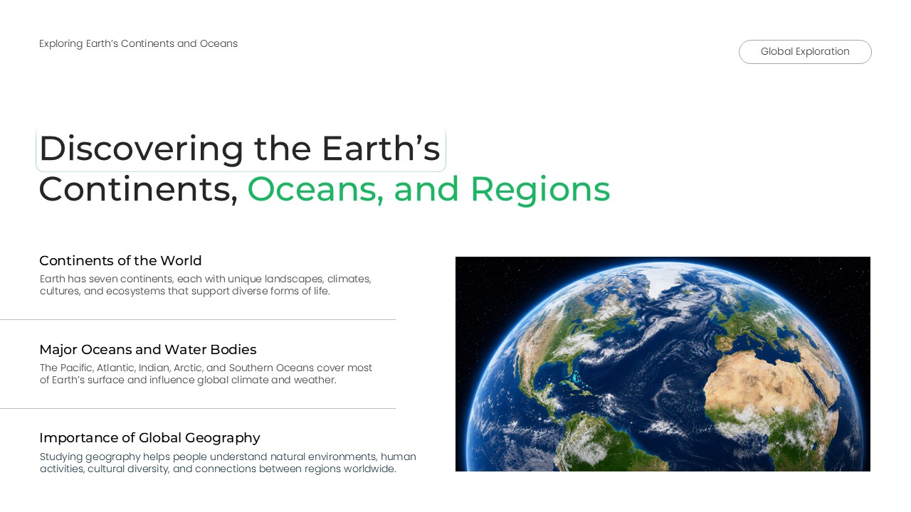 Elementary Geography Lesson Template - Continents oceans regions content slide