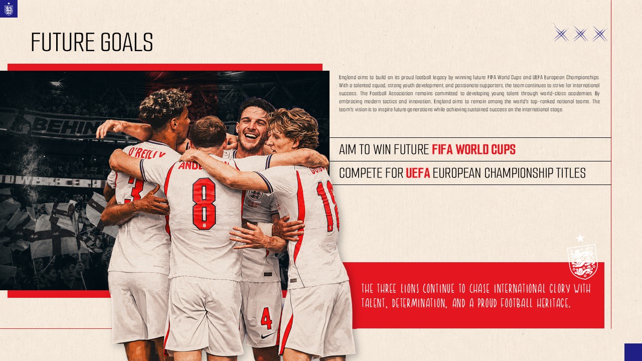 England Football Team Future Goals slide - split layout with squad celebration photo and bold FIFA World Cup goal statements