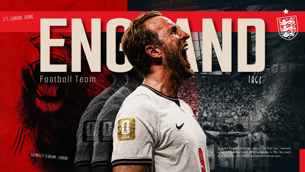 England Football Team Template - cinematic hero title slide with player #9, ENGLAND text, and Three Lions crest