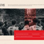 England Football Team Strengths slide - panoramic stadium huddle photo with five red-strip bullet points at bottom