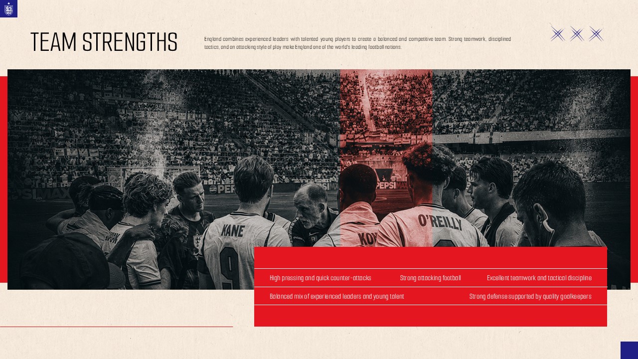 England Football Team Strengths slide - panoramic stadium huddle photo with five red-strip bullet points at bottom
