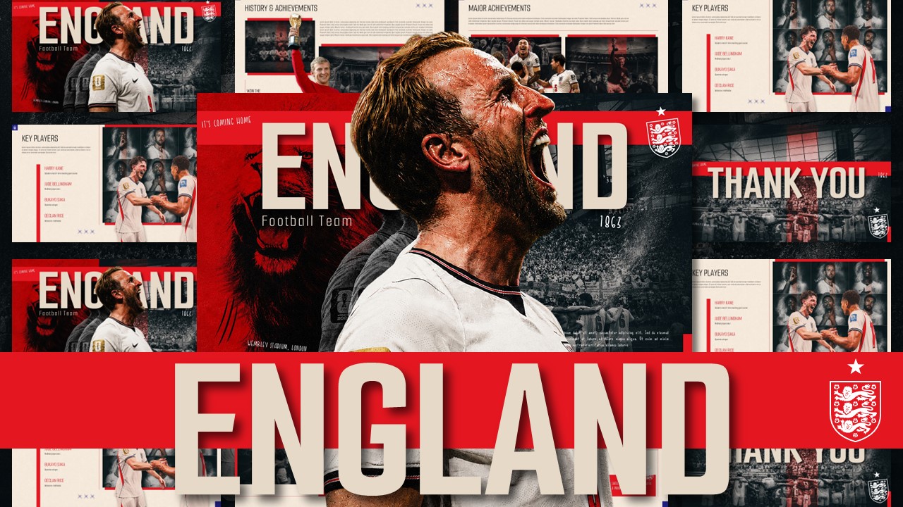 England Football Team Template - collage preview of all 8 slides with bold ENGLAND footer and Three Lions crest