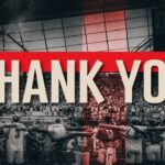 England Football Team Thank You slide - players facing stadium crowd, red St. George's Cross overlay, THANK YOU banner