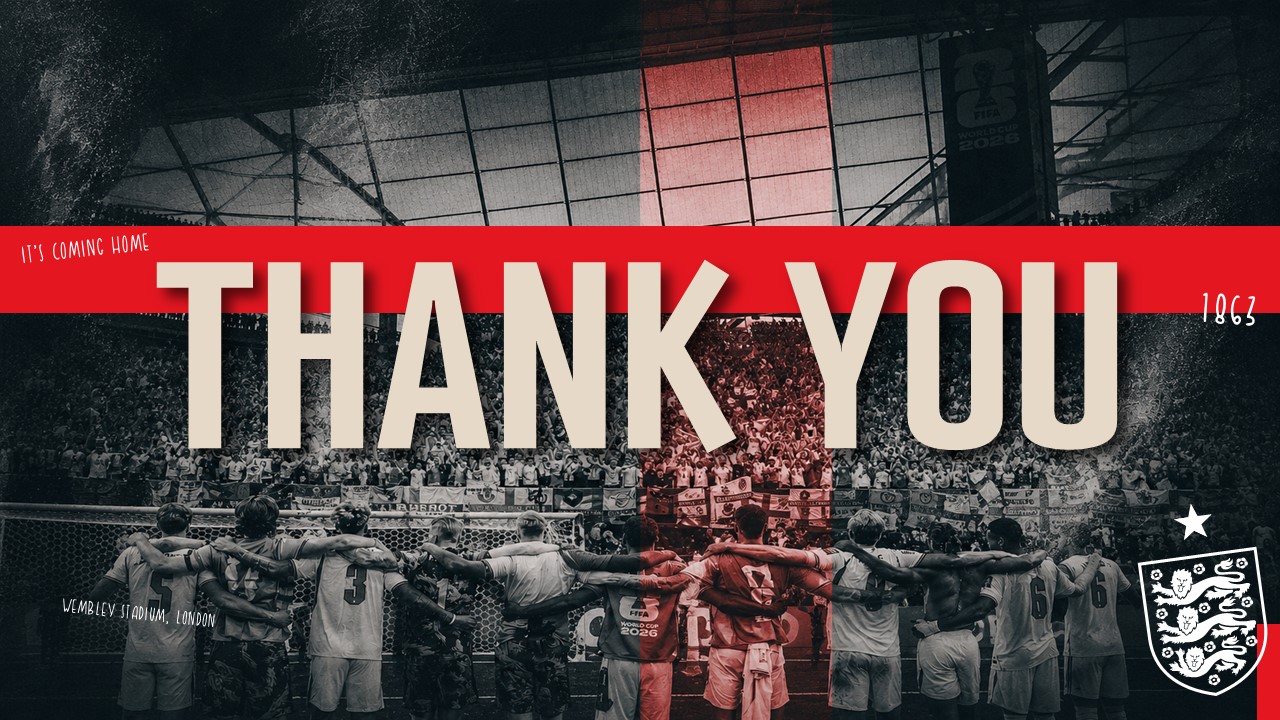 England Football Team Thank You slide - players facing stadium crowd, red St. George's Cross overlay, THANK YOU banner