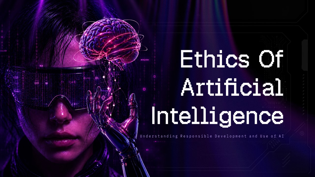 Ethics of Artificial Intelligence Google Slides Template – definition slide with robotic arm and four numbered ethical principles