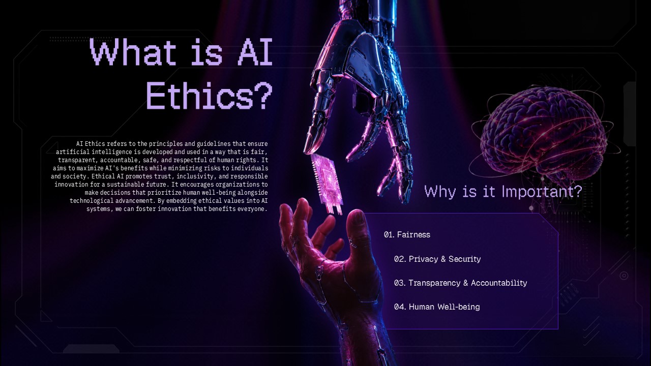 Ethics of Artificial Intelligence Key Principles Template – six neon-bordered cards covering fairness, transparency, and human oversight