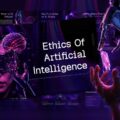 Ethics of Artificial Intelligence Template – cyberpunk cover slide with neon-lit AR figure and neural brain visualization
