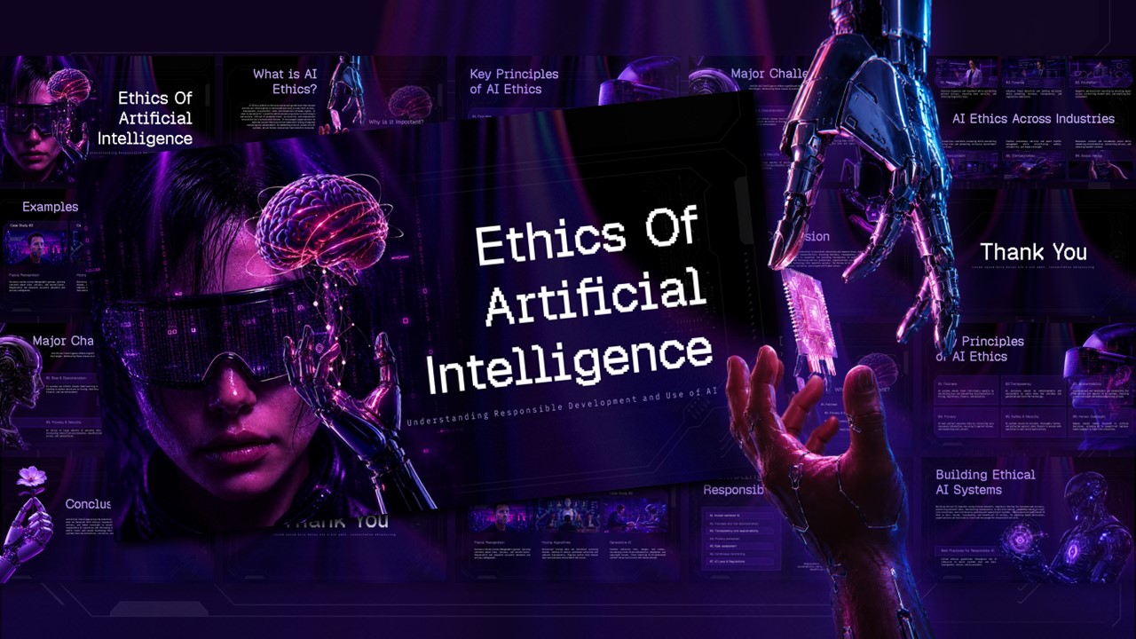 Ethics of Artificial Intelligence Template – cyberpunk cover slide with neon-lit AR figure and neural brain visualization