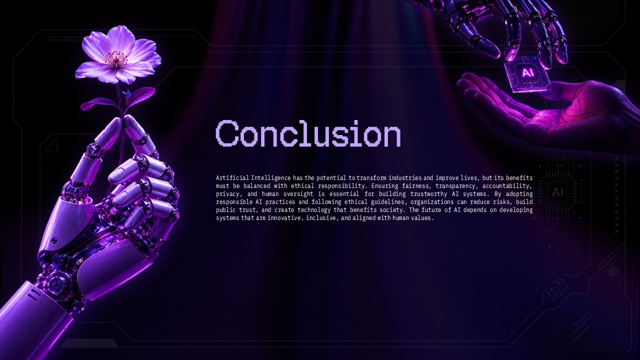 Ethics of Artificial Intelligence Thank You Template – minimalist closing slide with light beam and tagline for a better AI future