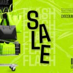 Flash Sale Poster Template - Neon green retail promo slide with shopping cart, barcode, and 50% discount typography