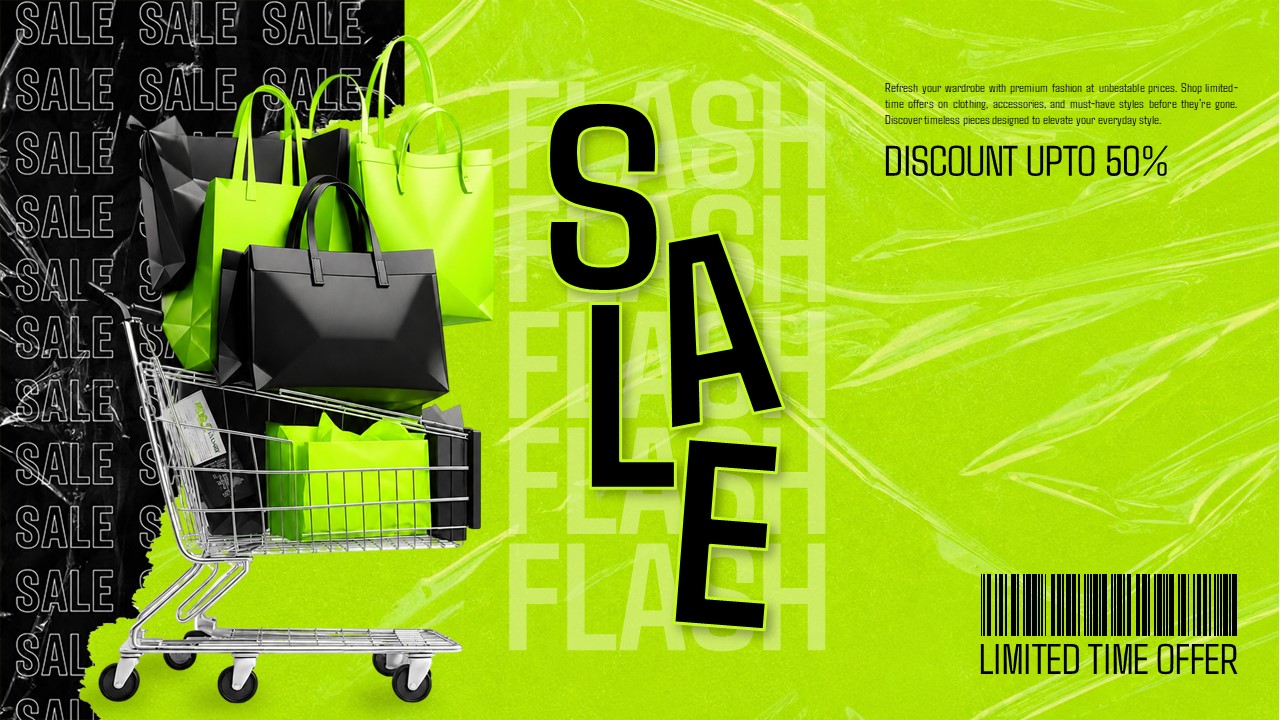 Flash Sale Poster Template - Neon green retail promo slide with shopping cart, barcode, and 50% discount typography