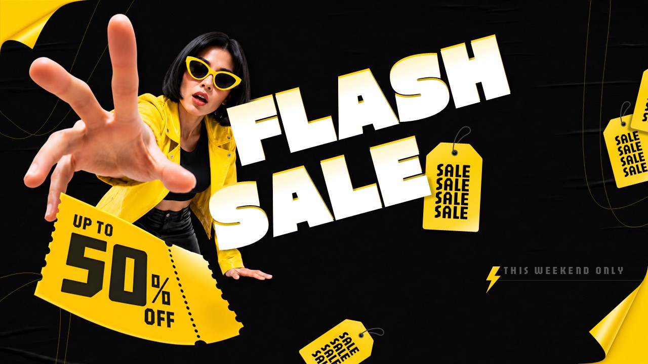 Flash Sale Poster Template - Bold black and yellow cover slide with hero typography and discount coupon graphics
